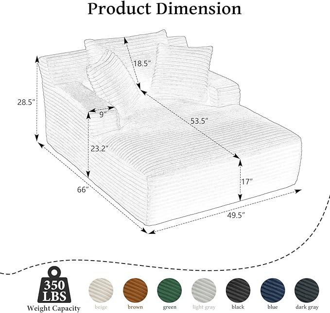 VEPXXP 65.4" Chaise Lounge Chair Indoor, Oversized Boneless Chaise Lounge Comfy Sleeper Sofa Bed with 3 Pillows, Corduroy Cloud Reading Chair for Living Room No Assembly Required