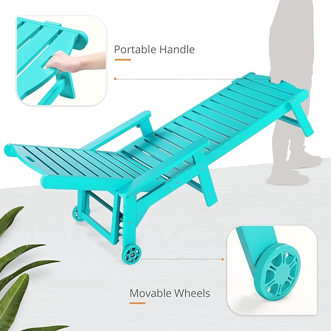 LUE BONA Outdoor Chaise Lounge Chairs Set of 4, 79'' Oversized HDPS Chaise Lounger, 5 Positions Adjustable Lounge Chairs, Pool Lounge Chair with Wheels for Poolside, 3 Year Warranty, Aruba Blue