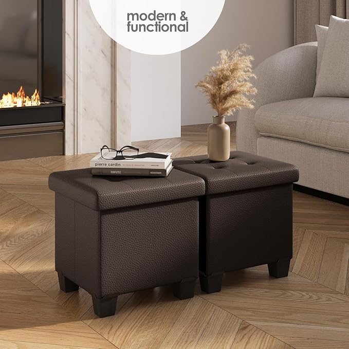 Storage Ottoman Cube with Small Bin, 16-in Square Ottoman with Storage for Living Room and Bedroom, Small Ottomans Foot Rest, Faux Leather Foot Stools Ottomans Max 330lbs, Brown