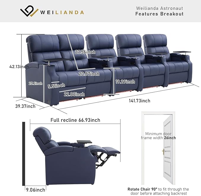 Weilianda Home Theater Seating, Top Grain Leather Sectional Seats Recliner Chair, Zero Gravity Reclining Sofa with Power Headrest 7 Colors Ambient Lighting USB C Charge Row of 5 Loveseat Left Blue