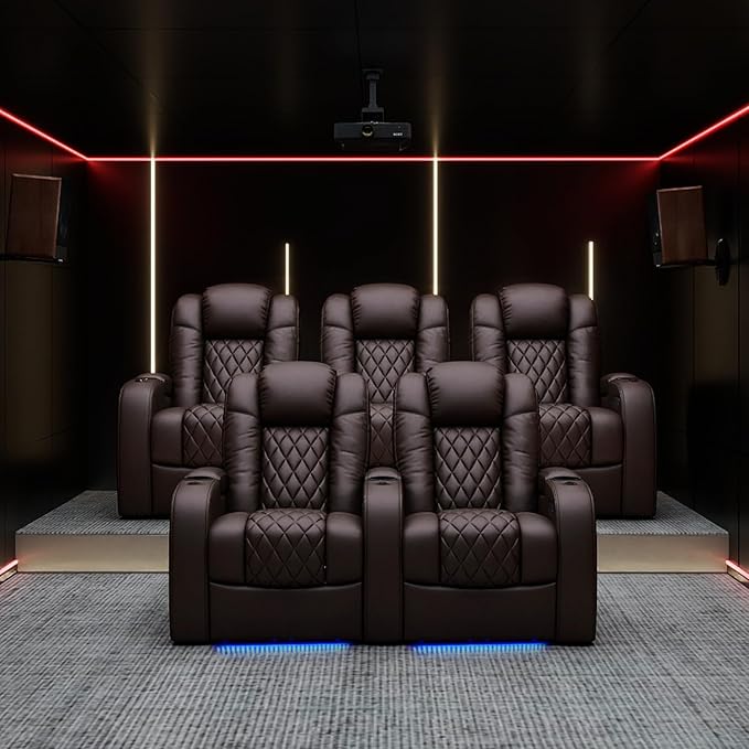 Weilianda Home Theater Seating Top Grain Leather Zero Gravity Recliner Chair Power Headrest Recline Movie Seat Gaming 7 Colors Mood Light Sofa with Tray Table USB Charge Row of 4 Loveseat Right Brown
