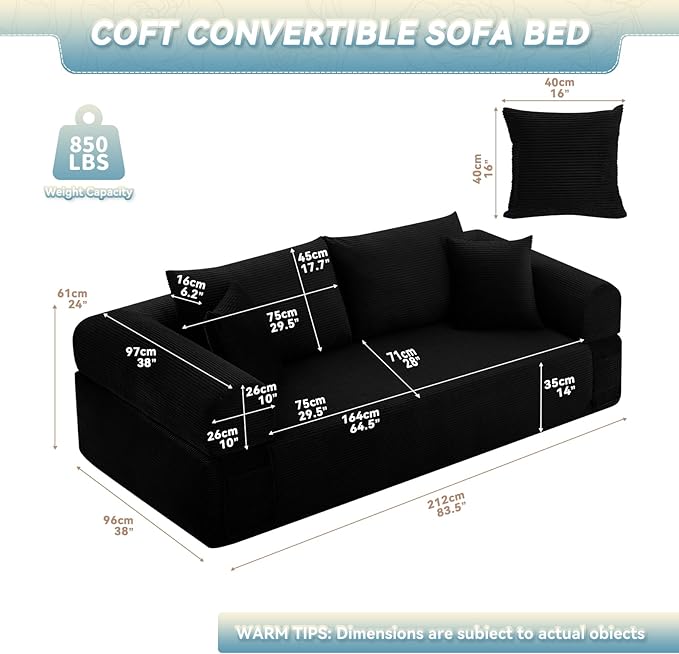 GJQ 83" Boneless Couches for Living Room,Corduroy 3 Seater Couch in a Box with 4 Pillows & Storage Pocket,Convertible Sleeper Sofa Bed Compressed Floor Sofa,Black