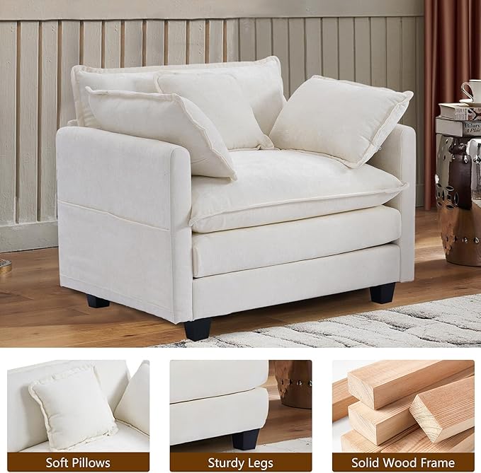 SweetGO corporation 40" Chenille Lounge Chair for Reading, Modern Couch Cozy Sofa Bed, Upholstered Living Room Single Sofa Accent Chair with Ottoman, Beige