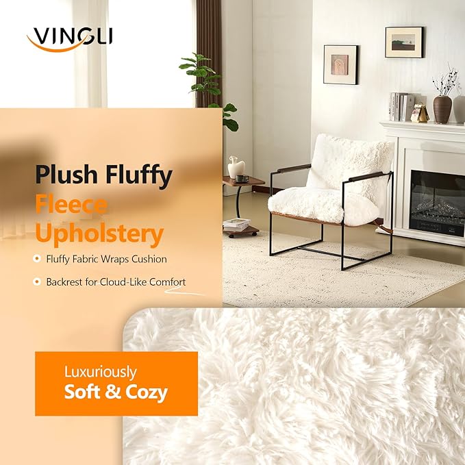 VINGLI 28" Wide Plush Upholstery Sling Modern Accent Chair Set of 2, Cute Reading Armchair with Removable Seat Cushion & Tan Microfiber Seat Base, Lazy Chair for Bedroom & Lounge, White