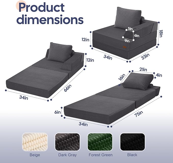 COMAX Folding Sofa Bed, Foldable Couch for Bedroom, Corduroy Convertible Floor Sleeper Futon Chair Foam, 3 in 1 Fold Out Chair Portable Comfy Lounge Couch Single Sofa Bed for Small Space Guest Room