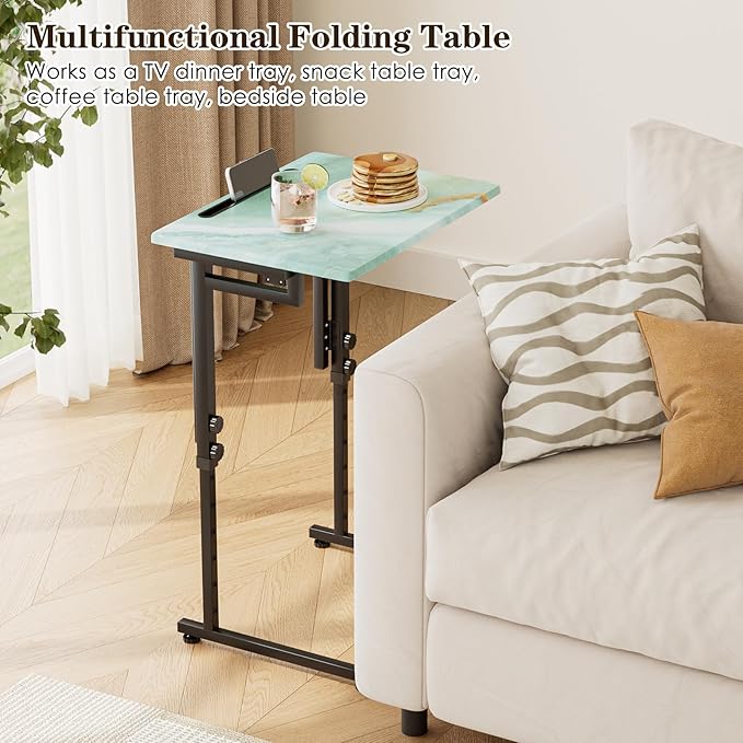Fleecy day Folding TV Tray Table,Adjustable TV Dinner Table with Sturdy MDF Top,Eating Trays for Living Room with No Assembly Required (Sea Blue,2Pcs)