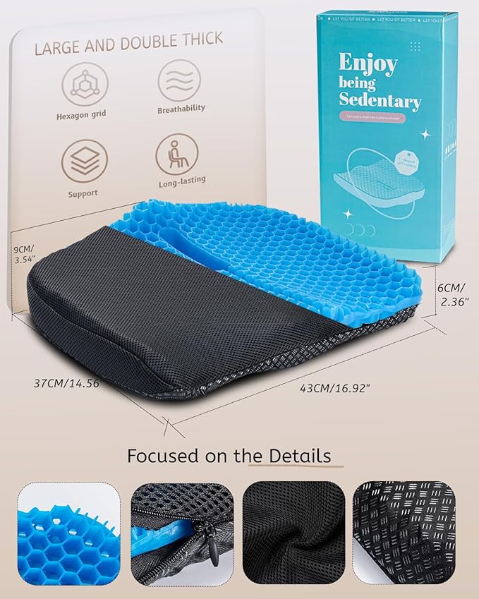 Anzeng Gel Seat Cushion for Long Sitting, Gel Cushion for Pressure Relief, Soft & Breathable, Chair Cushion for Office Chair, Car, Wheelchair, Seat Cushion with Non-Slip Black Cover