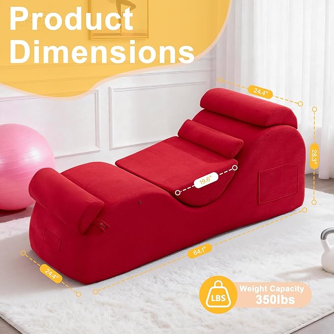DRMBOOK Yoga Chairs for Adults, Corduroy Fabric Chaise Lounge with Headrest, Boneless Yoga Sofa Couch with Waist Cushion, Movable Footrest, Side Pockets for Relaxation Exercise Stretching (Red)