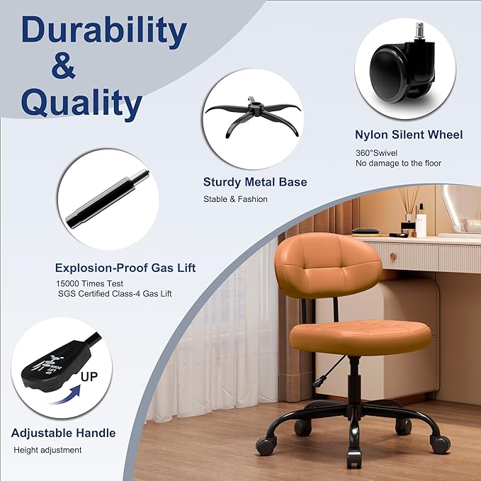 Misolant Small Office Chair, Armless Desk Chair with back, Cute Vanity Chair with wheels and Lumbar support, Comfy PU Leather Computer Chairs with Adjustable Height for Small Space, makeup Home, Brown