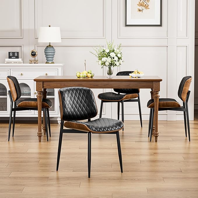 YaFiti Dining Chairs Set of 2, FSC Certified Mid Century Modern Accent Dining Room and Kitchen Chairs, Upholstered PU Leather Diamond Check Chairs with Walnut Bentwood and Metal Legs, Black