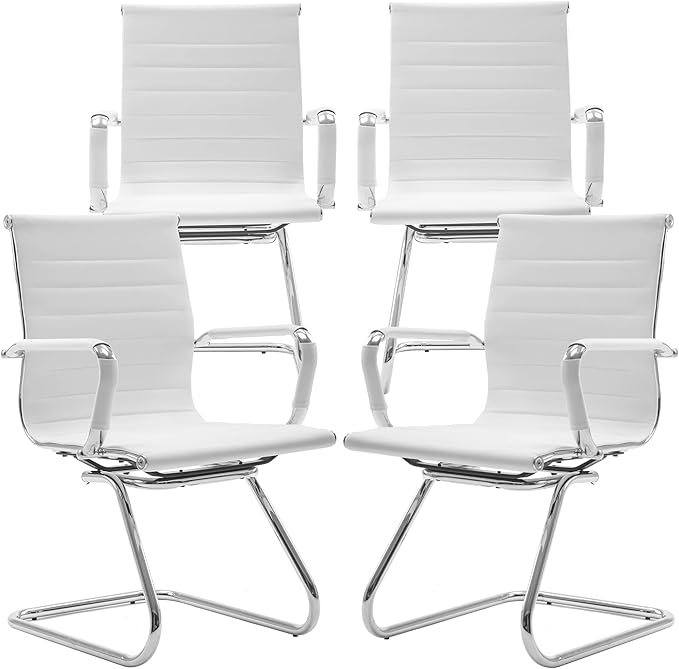 DM Furniture White Office Desk Chair No Wheels Set of 4 PU Leather Computer Chairs Mid Back Guest Chairs for School Reception Conference Waiting Room, White