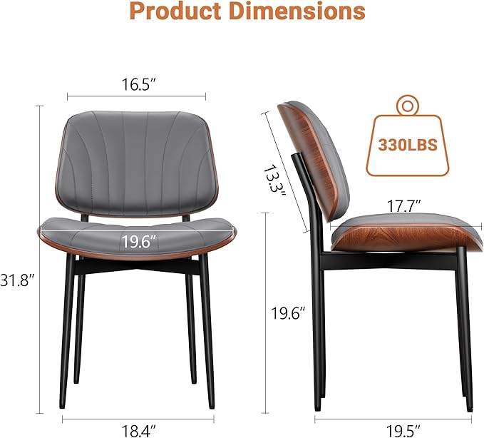 YaFiti Dining Chairs Set of 6, Dining Room and Kitchen Chairs, Mid Century Modern Accent Chair, Upholstered PU Leather Chairs for Vanity with Walnut Bentwood and Metal Legs, Gray