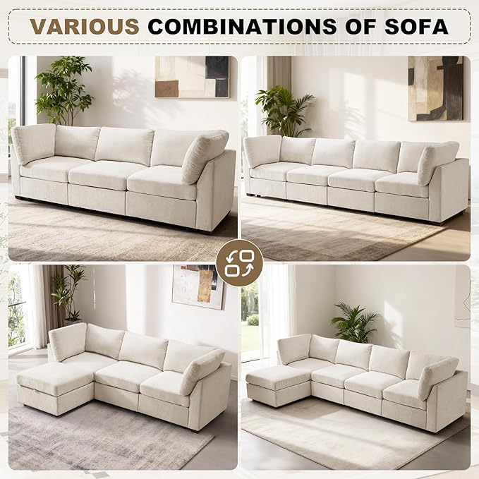 EDILLY 94 inches Oversized Modular Sectional Fabric Cloud Sofa Set, Extra Large L Shaped Couch Reversible Chaise Couch,3 Seat Modular Sofa with Storage Ottoman, Beige