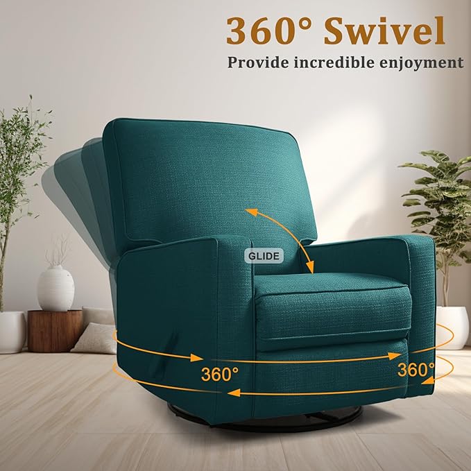 KeyEnergy Swivel Rocker Recliner Chair for Adults, High Back Fabric Recliner with Deep Seat, Manual Glider for Living Room & Nursery, Green