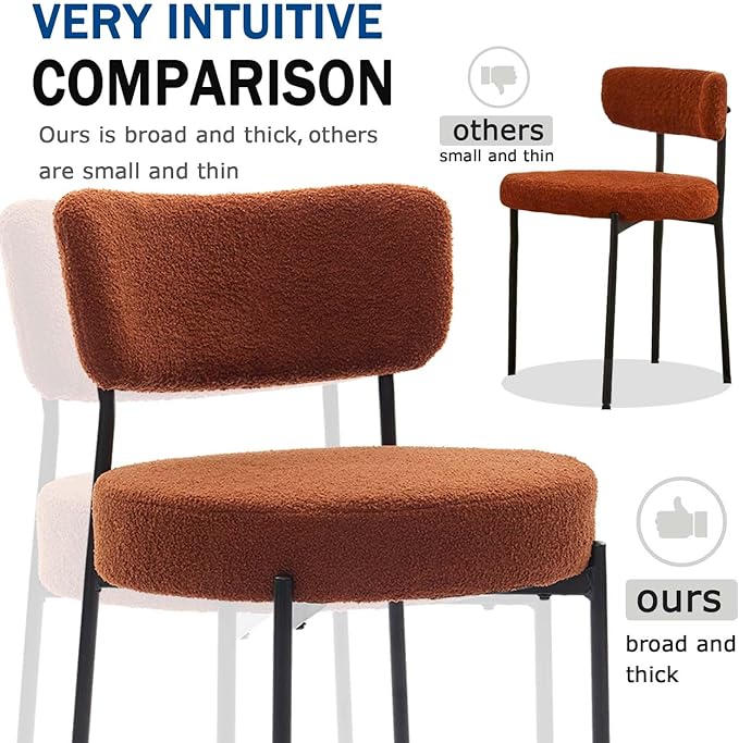 Stabrech Brown Boucle Dining Chairs Set of 4, Upholstered Dinner Chair with Metal Frame, Dining Room Chairs with Padded Seat, Round Modern Seating for Living Room