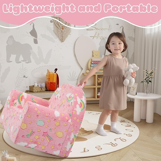 MeMoreCool Comfy Toddler Chair for 1-3 Years Old, Glow Unicorn Kids Reading Chair, Soft Plush Toddler Armchair, Cozy Foam Lounge Kids Armchair for Baby Room, Living Room, Playroom, Reading Nook