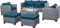 Lviden 6 Pieces Wicker Patio Furniture Sets Outdoor Conversation Set HDPE Rattan Sectional Sofa Couch with Storage Table and Peacock Blue Cushions