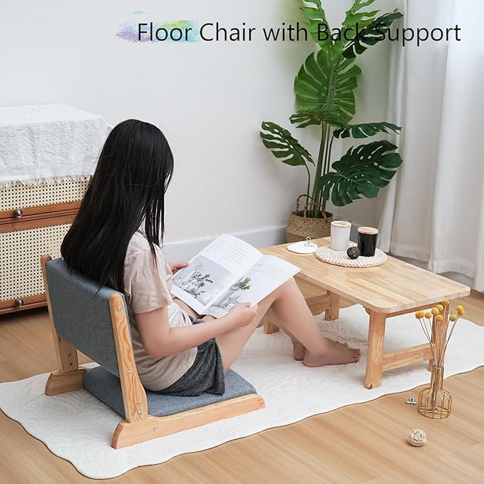 Japanese Floor Chair with Back Support, Foldable Meditation Chair, Legless Tatami Chair with Cushion, Floor Seat for Living Room, Bedroom, Bay Window (2, Dark Gray)