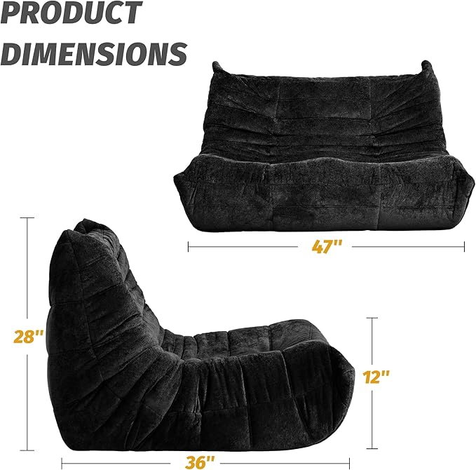 Homguava Bean Bag Chair, Giant Beanbag Chairs for Adults, Memory Foam Fireside Chair, Large Lazy Floor Sofa, Sofa Couch with High-Rebound Foam, Lounge Chair for Living Room, Bedroom (Black, Loveseat)
