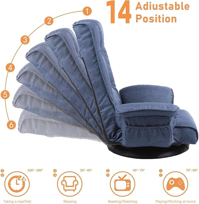 FLOGUOR 360 Swivel Gaming Chair 14-Position Adjustable Folding Floor Sofa with Armrests Lounger Bed for Home & Living Room Chaise Lounge Indoor for Adults (Blue)