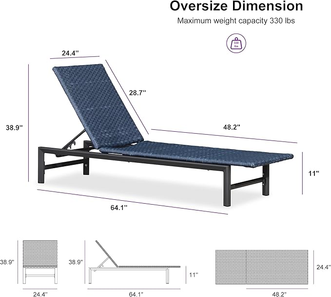 PURPLE LEAF Patio Chaise Lounge Chairs Outdoor Set of 2, Wicker Pool Lounge Chairs for Outside with Adjustable Backrest, Aluminum Sunbathing Lounger for Patio, Poolside, Garden, Navy Blue