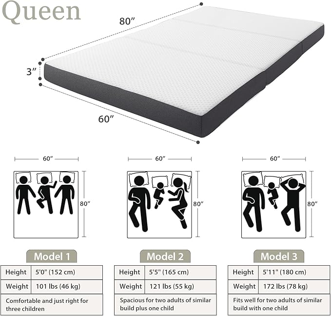 Tri Fold Memory Foam Foldable Mattress Queen, 3 inch Folding Mattress for Guest Sleep. Portable Trifold Mat with Removable Washable Cover, Floor Sleeping Mat for Adult and Kid