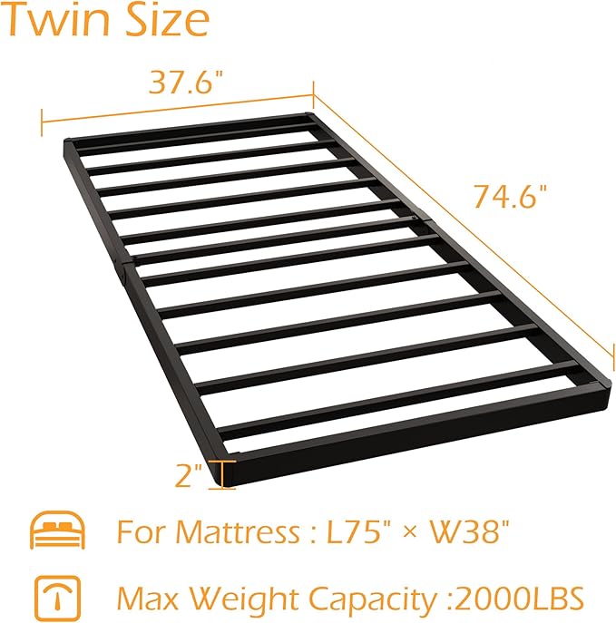 Maenizi Twin Box Spring 2 Inch Low Profile, Heavy Duty Metal Box Spring Bed Base Bunkie Board, Mattress Foundation, Easy Assembly, Noise Free, Black