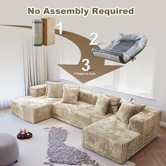 130'' U Shaped Couched for Living Room, Cloud Modular Sectional Couch with 2 Chaise Lounge, Modern Minimalist Upholstered Sofa Sleeper Deep Seat Corner Couch, No Assembly Required Light Coffee