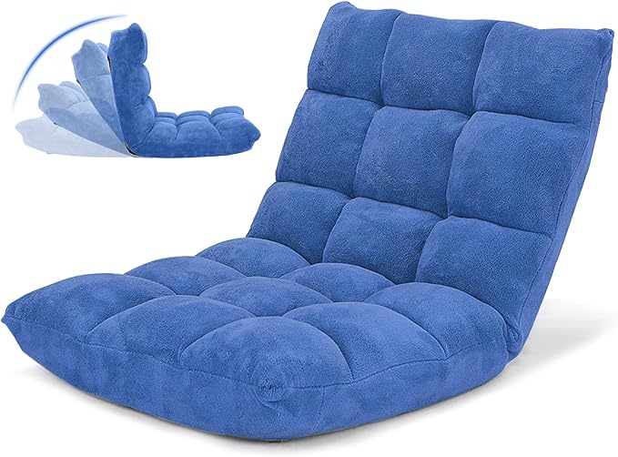 GOFLAME 14-Position Folding Floor Chair, Padded Gaming Lazy Sofa Chair with Adjustable Backrest, Couch Recliner, Sleeper Bed Lounge Chair for Reading, Gaming, Meditating (Blue)