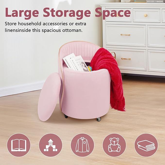 Round Storage Ottoman, Upholstered Velvet Vanity Stool with Lumbar Support, Swivel Rolling Wheels, Small Foot Stools Coffee Table Padded Seat for Makeup Room, Living Room, Bedroom (Pink)