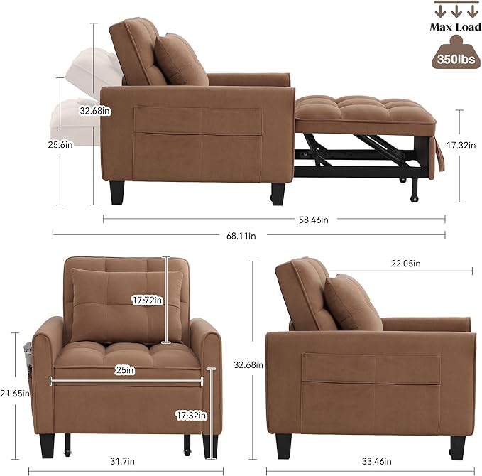 choairy Convertible Sleeper Chair, 3 in 1 Sleeper Chair Bed Pull Out Sofa Bed Chairs, Single Sofa Beds with Adjustable Backrest for Adults Reading Living Room, Bedroom, Velvet Brown