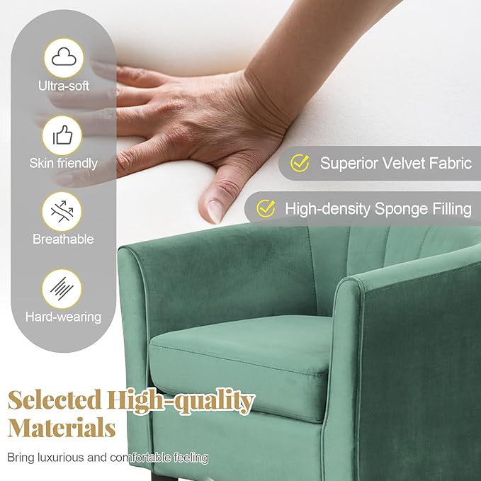 GOFLAME Accent Chair with Ottoman, Modern Velvet Fabric Barrel Chair with Footrest, Curved Backrest, Removable Seat Cushion, Upholstered Club Tub Sofa, Reading Armchair for Living Room, Bedroom, Green