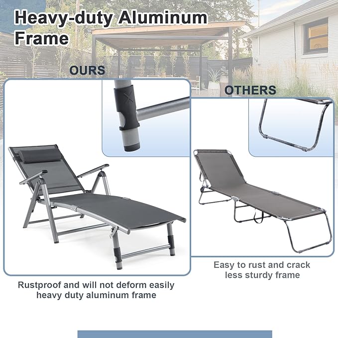 HAPPYGRILL Patio Lounge Chair Aluminum Chaise Lounge Chair with 8-Position Adjustable Backrest, 2-postion Footrest, Comfortable Headrest, Outdoor Folding Reclining Chair for Patio Poolside Backyard
