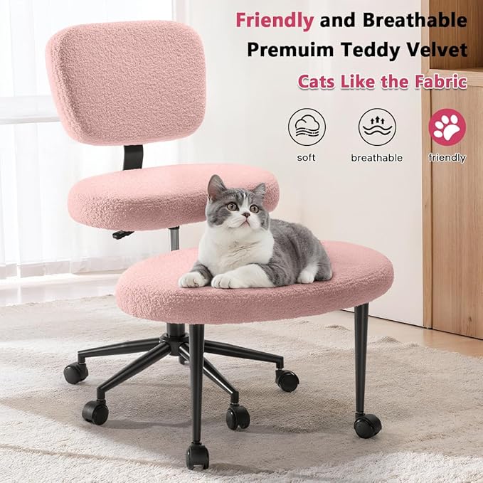 Ergonomic Cross Legged Office Chair，ADHD Chair for Adults，Height Adjustable Meditation Chair with Wheels，Teddy Fabric Yoga Kneeling Chairs with Comfortable Back Support (Pink)