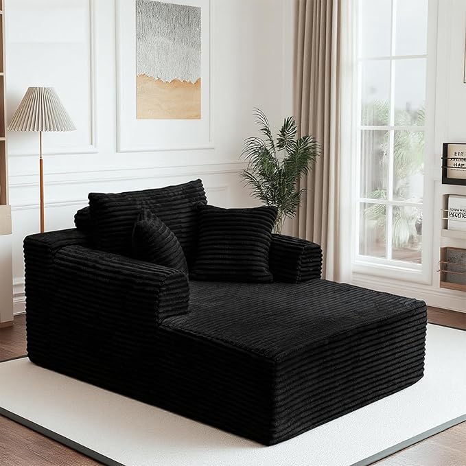 Oversized Chaise Lounge Chair Indoor, Upholstered Single 61'' Round Arm Boneless Cloud Sofa Bed Sleeper Couch, No Assembly Faux Rabbit Fur Memory Foam Reading Chair for Living Room Bedroom Black