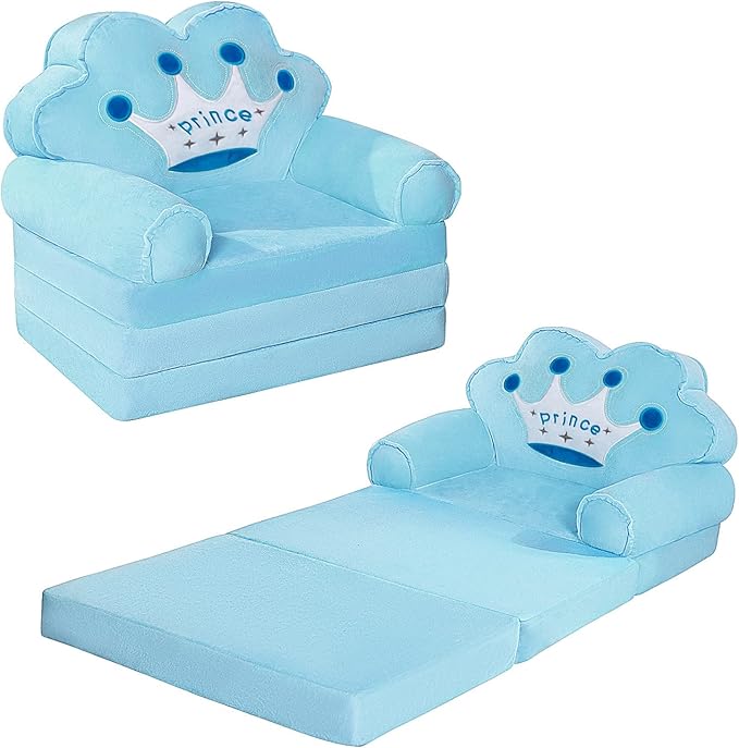 MOONBEEKI Kids Couch Fold Out, Foldable Princess Chair for Toddlers 1-3, Kids Furniture for Playroom, Gift for Birthday Christmas and Halloween, Blue