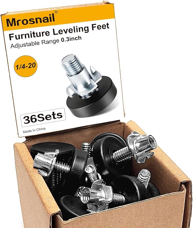 Mrosnail 36Pcs 1/4"-20 Adjustable Furniture Levelers, Leveling Feet Screw-in Chair With T-Nuts, Table Chair Leveler Glide for Furniture Leg Cupboard