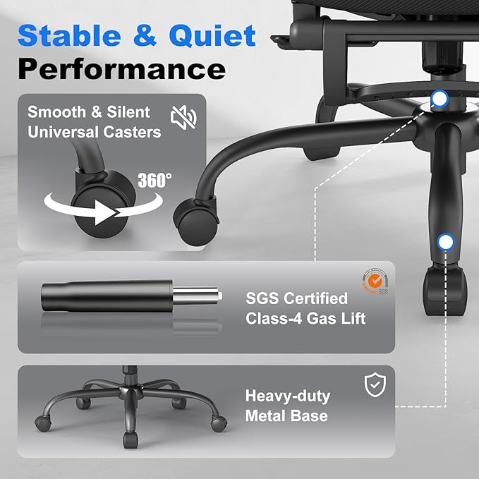 ZZH Ergonomic Office Chair with Footrest, High Back Home Desk Chair with Adjustable Lumbar Support, Headrest, Flip-Up Arms, 90-135° Tilt Lock, Big and Tall Mesh Computer Seating with Wheels