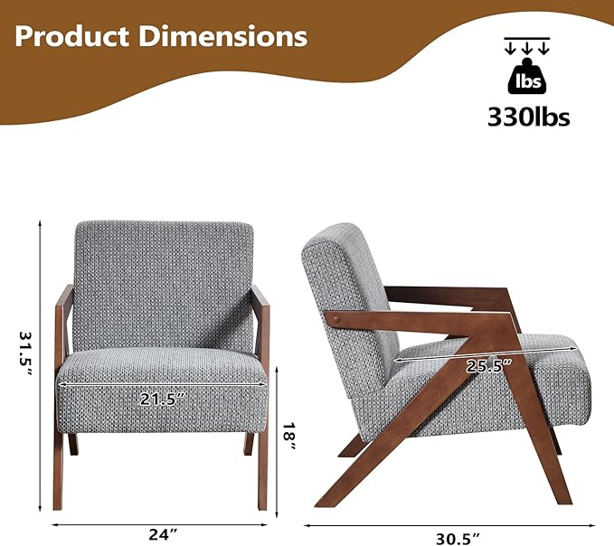 Bonzy Home Mid-Century Modern Accent Chair with Solid Wood Frame, Upholstered Armchair for Bedroom & Living Room,Reading Side Chair with Soft Lien Fabric Cushion,Easy Assembly