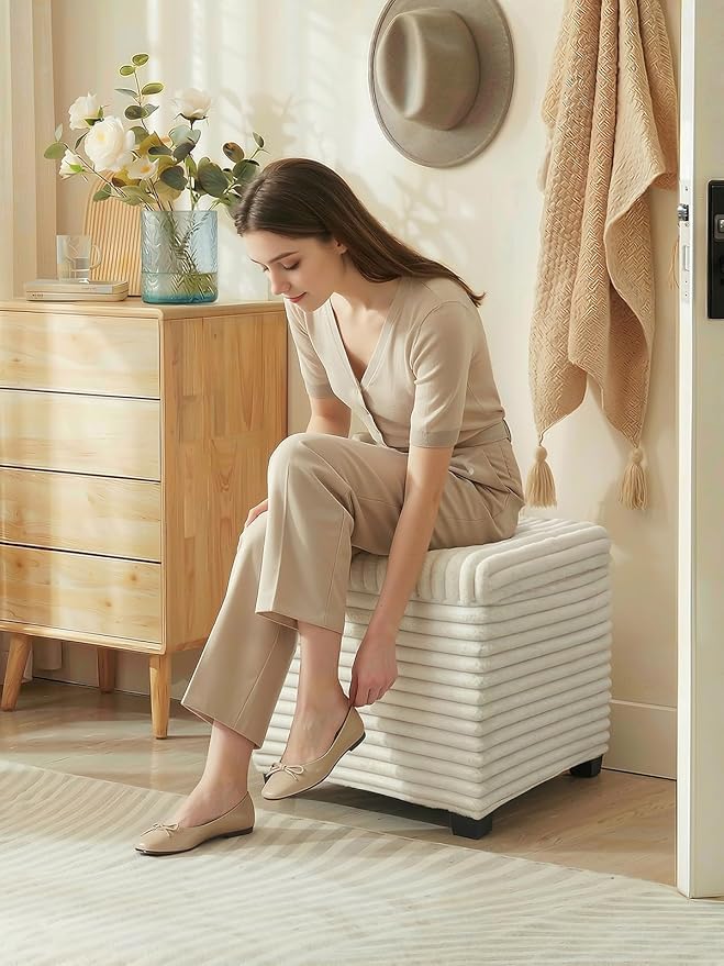 ABHENG 17.7 inches Faux Fur Ottomans Cube with Storage, Metal Framed Vanity Stool Chair Storage Ottoman Foot Rest Stool, Holds 770 LB for Dorm Living Room Bedroom White UASND644W