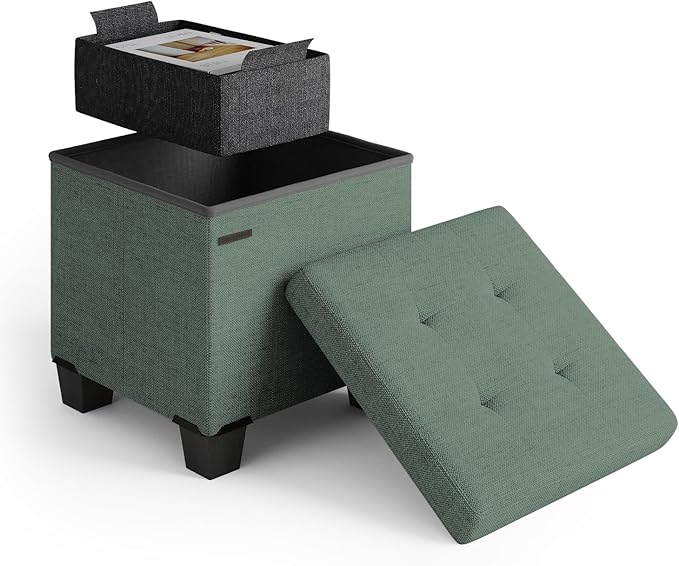 Storage Ottoman Cube with Small Bin, 16-in Square Ottoman with Storage for Living Room and Bedroom, Small Ottomans Foot Rest, Fabric Foot Stools Ottomans Max 330lbs, Green
