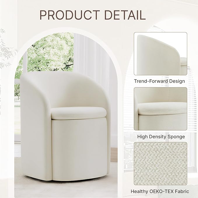 Upholstered Dining Chairs with Casters, Rolling Modern Dining Room Chairs with Hidden Storage & Barrel Backrest, Easy Assembly Accent Chair for Bedroom, Living Room, Dressing, Linen Fabric,4PCS