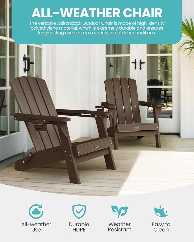 Folding Adirondack Chair, HDPE All-Weather Fire Pit Chairs, Plastic Adirondack Chairs with 2 Cup Holder, Outdoor Lawn Chair for Patio Garden (Brown)
