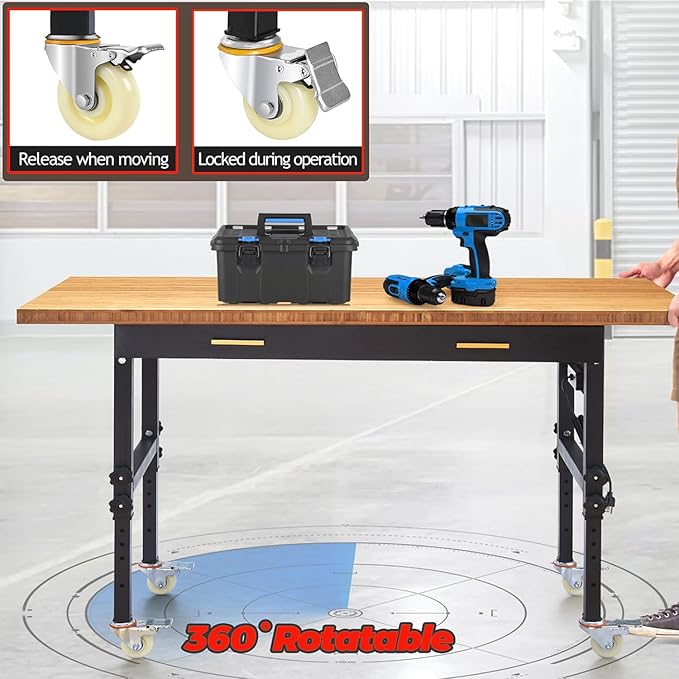 60in Heavy-Duty Adjustable Height Workbench with Wheels, 2700LB Capacity Mobile Work Table with Wood Drawers, Solid Bamboo Desktop & Built-in Power Strip for Garage Workshop