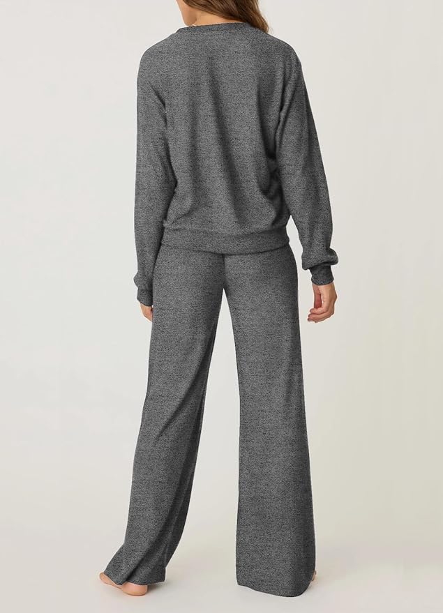Aamikast Women's 2-Piece Lounge Set Soft Brushed Jersey Sleepwear Pajamas Set Long Sleeve Top & Wide Leg Pants