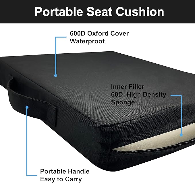 UCOMFEEL Portable Stadium Seat Cushions with Handle, 2 Inches Thick, Waterproof Oxford Fabric, Zipper Design, Set of 2 (Black)