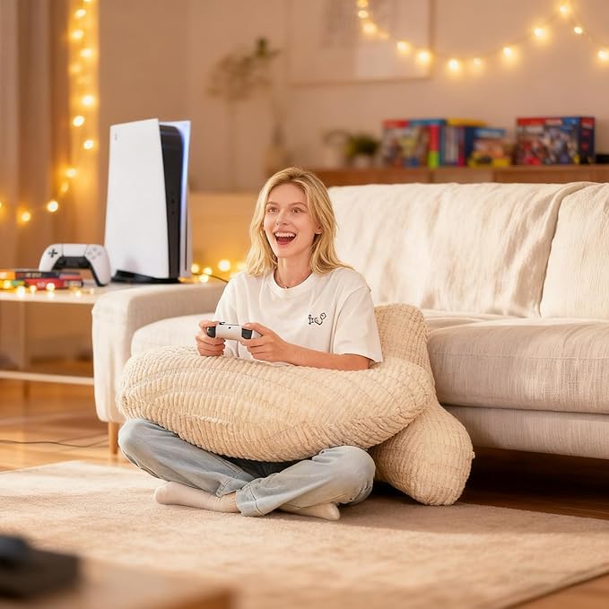 PAJEO Back Pillow for Bed Sitting Up,U Shaped & Back Support Pillow for Bed,17" Backrest with Lumbar & Arm Support,Comfy Corduroy Fabric,Lap Pillow for Gaming/Reading/Watching TV,White