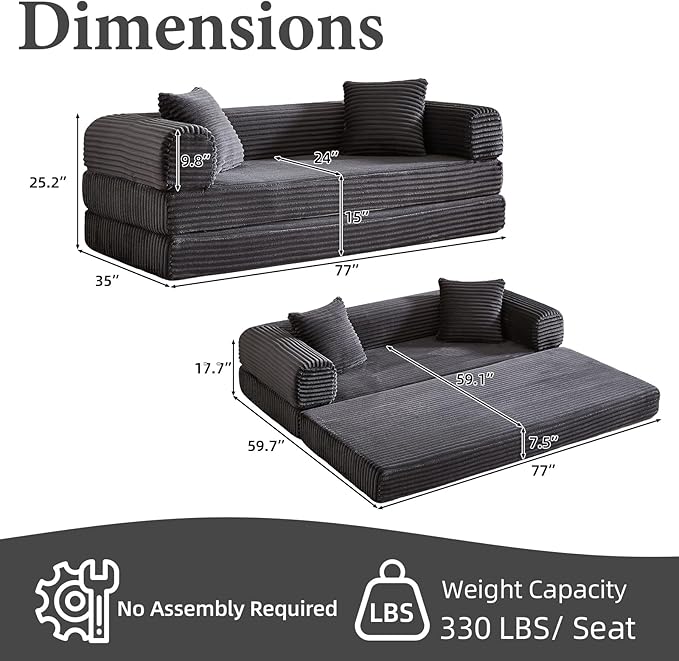 78 Inch Convertible Futon Sofa Bed,Folding Boneless Couches with Sleeper Sofa,Fold Out Floor Sofa Couch with Deep Seat,Cloud Corduroy Foldable Mattress Couch for Living Room (Dark Grey)
