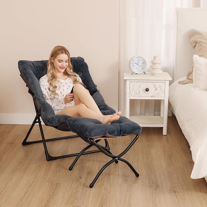 Comfy Saucer Chair for Adults, Set of 2, Soft Faux Fur Bedroom Chair, Accent Dorm Chairs, Flexible Living Room Reading Chairs, Oversized Folding Lounge Seat for Teens, X-Large, Navy Blue