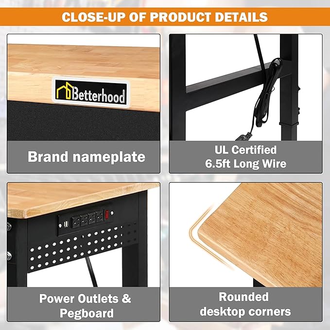 Betterhood 60" Adjustable Workbench on Wheels, Rubber Wood Heavy Duty Workstation with Power Outlets & Pegboard, 2000LBS Load Capacity Hardwood Worktable for Workshop, Garage, Office, Home, Commercial